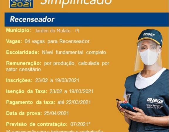 PROCESSO SELETIVO DO IBGE OFERTA VAGAS PARA RECENSEADOR EM JARDIM DO MULATO